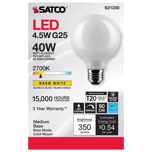 Satco S21230 Filament LED Bulb G25 E26 (Medium) Warm White 40 Watt Equivalence White
