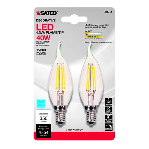 Satco S21840 LED Bulb . CA10 E12 (Candelabra) Warm White 40 W Clear Pair