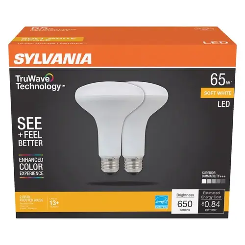 Sylvania 40728 Natural LED Bulb, Spotlight, BR30 Lamp, 65 W Equivalent, E26 Lamp Base, Dimmable, Frosted Pair
