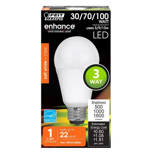 Feit Electric A30/100/927CA LED Bulb, General Purpose, A19 Lamp, 30, 70, 100 W Equivalent, E26 Lamp Base Clear