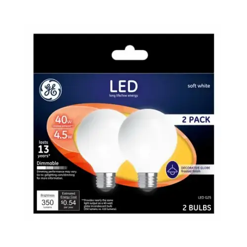 GE 24954 LED Bulb G25 E26 (Medium) Soft White 40 W Frosted Pair