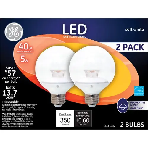 GE 34743 LED Bulb CA11 G25 Soft White 40 W Clear Pair