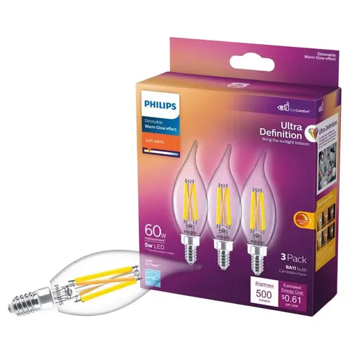 Philips 566687 LED Bulb BA11 E12 (Candelabra) Soft White 60 Watt Equivalence Clear