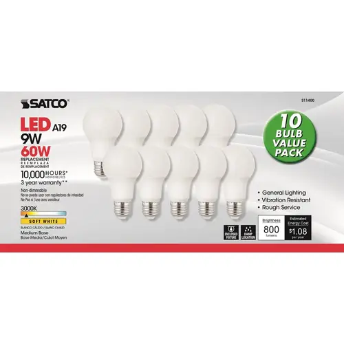 Satco S11400 LED Bulb . A19 E26 (Medium) Soft White 60 W Frosted