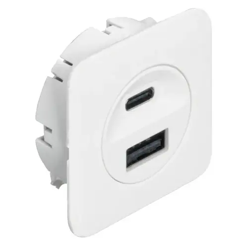 Hafele 833.73.828 USB charging station, Hafele Loox5, USB-A / USB-C, 12 V 14 W output power, 16 W power consumption, for mounting in drilled hole diameter 40 mm or for screw fixing with frame 46.5 x 46.5 x 18 mm, White White