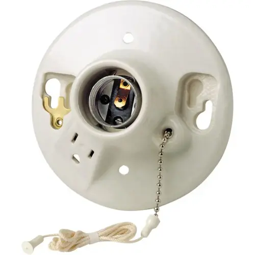 Leviton 09726-00C Pull Chain Socket w/Outlet Porcelain Incandescent Medium Base White