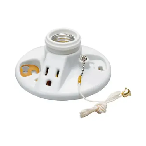 PASS & SEYMOUR 288CC18 Pullchain Lamp Holder with Cage Neck, 125 V, 250 W, Porcelain Housing Material, White