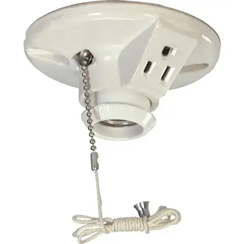 Eaton 667-SP-L Ceiling Lamp Holder Porcelain with Pull Chain & Outlet White