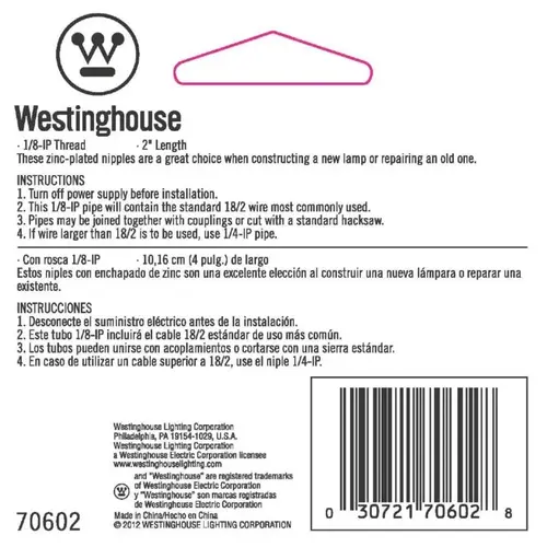 Westinghouse 70602 1/8-IP 2 In. Steel Lamp Nipple Pair