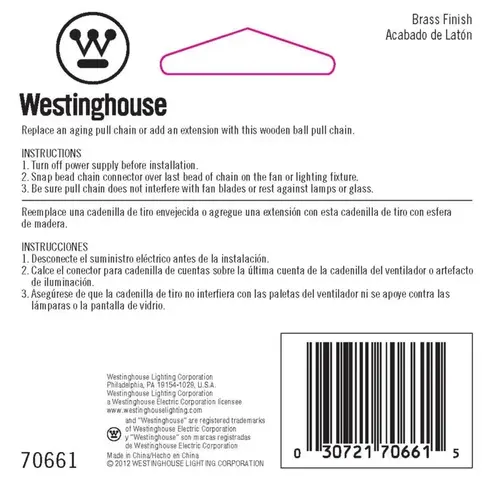 Westinghouse 70661 36 In. Polished Brass Pull Chain with Walnut Ball Ornament