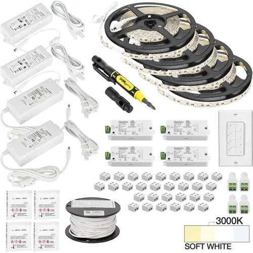 Task Lighting L-VK4Z4A-65-30 65 Ft., 225 Lumens/Ft. 12-volt Standard Output Quattro Wireless Controller Tape Light Kit, 4 Zone 4 Area, Single-White, SoFt. White 3000K
