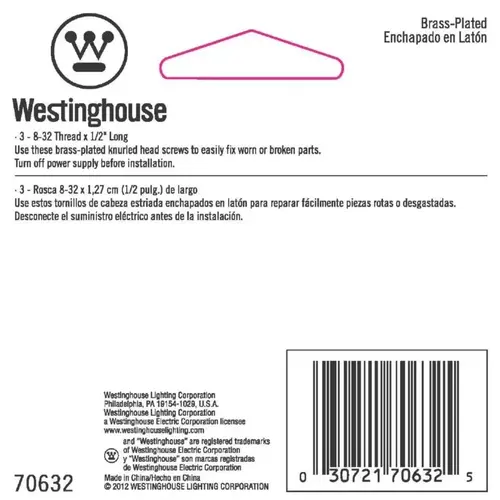 Westinghouse 70632 1/2 In. Brass-Plated Knurled Head Fixture Screws - pack of 3