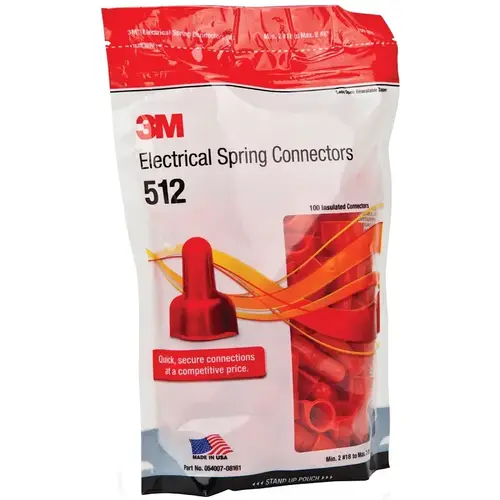 3M SGR 512 Spring Connector, 20 to 8 AWG Wire, Nylon Housing Material, Red - pack of 100