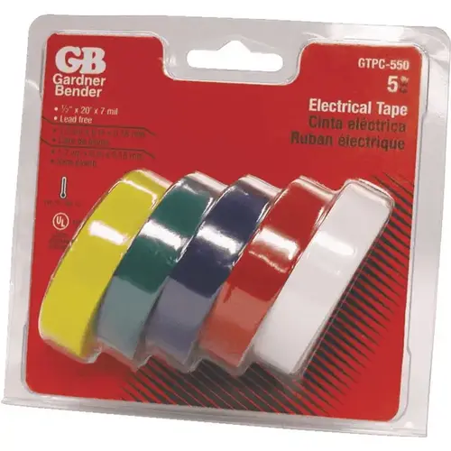 GB GTPC-550 Electrical Tape, 20 ft L, 1/2 in W, PVC Backing, Blue/Green/Red/White/Yellow - pack of 5