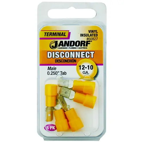 Jandorf 60827 Disconnect Terminal, 12 to 10 AWG Wire, Vinyl Insulation, Copper Contact, Yellow - pack of 5