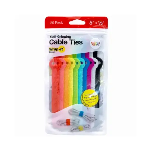 Wrap-It Storage 420-5MC Self-Gripping Cable Ties, Reusable, Multi Color, 1/2 x 5 In pack of 20