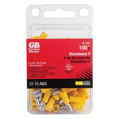 GB 10-145F Disconnect Terminal, 600 V, 12 to 10 AWG Wire, 1/4 in Stud, Vinyl Insulation, Yellow - pack of 100