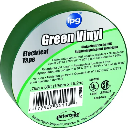 IPG 85827 Electrical Tape, 60 ft L, 3/4 in W, PVC Backing, Green