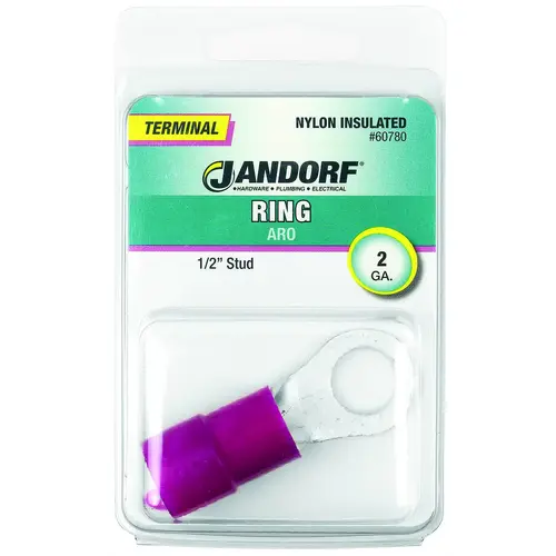 Jandorf 60780 Ring Terminal, 2 AWG Wire, 1/2 in Stud, Nylon Insulation, Copper Contact, Red