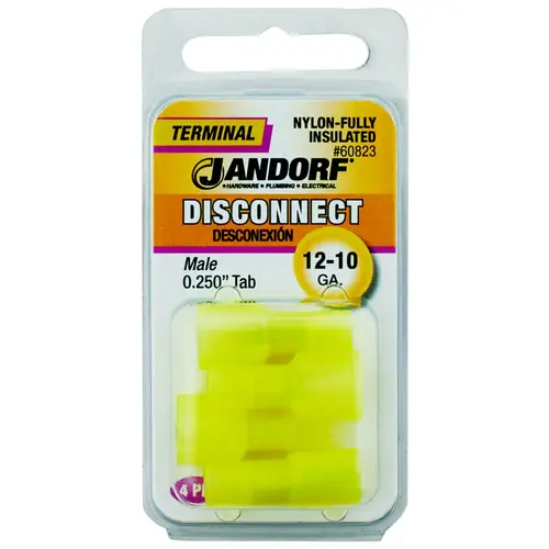 Jandorf 60823 Disconnect Terminal, 12 to 10 AWG Wire, Nylon Insulation, Copper Contact, Yellow - pack of 4