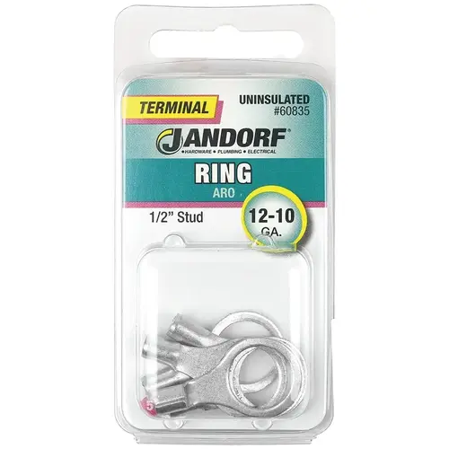 Jandorf 60835 Ring Terminal, 12 to 10 AWG Wire, 1/2 in Stud, Copper Contact - pack of 5