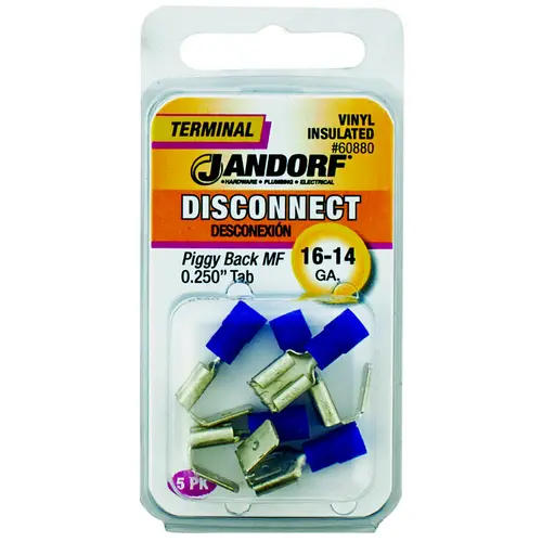 Jandorf 60880 Disconnect Terminal, 16 to 14 AWG Wire, Vinyl Insulation, Copper Contact, Blue - pack of 5