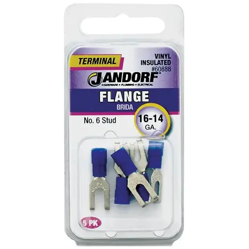 Jandorf 60888 Spade Terminal, 16 to 14 AWG Wire, #6 Stud, Vinyl Insulation, Copper Contact, Blue
