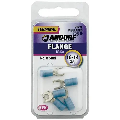 Jandorf 60889 Spade Terminal, 16 to 14 AWG Wire, #8 Stud, Vinyl Insulation, Copper Contact, Blue