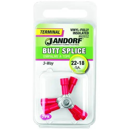 Jandorf 60932 Butt Splice Connector, 22 to 18 AWG Wire, Vinyl Insulation, Copper Contact, Red - pack of 2