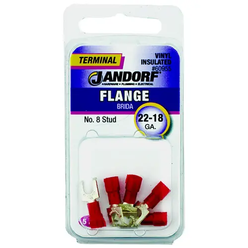 Jandorf 60955 Spade Terminal, 22 to 18 AWG Wire, #8 Stud, Vinyl Insulation, Copper Contact, Red