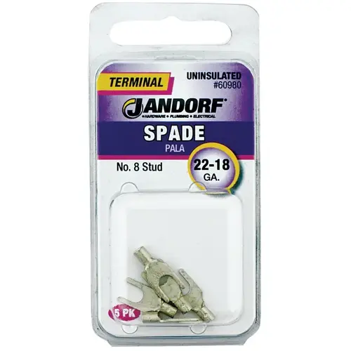 Jandorf 60980 Spade Terminal, 600 V, 22 to 18 AWG Wire, #8 Stud, Copper Contact