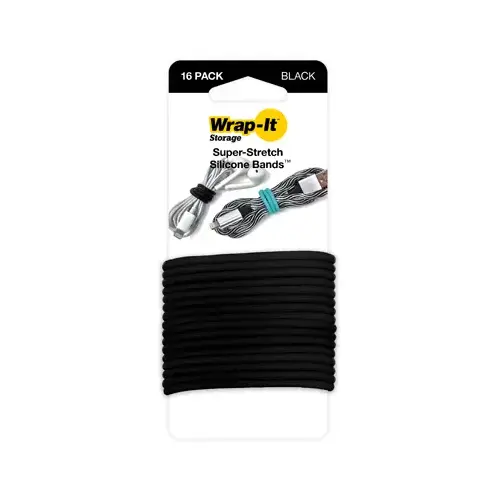 Wrap-It Storage 516-SB-BL Super-Stretch Silicone Bands, Black - pack of 16