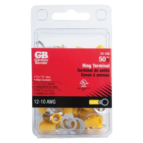 GB 10-108 Ring Terminal, 600 V, 12 to 10 AWG Wire, 1/4 to 3/8 in Stud, Vinyl Insulation, Yellow - pack of 50