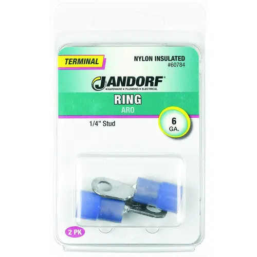 Jandorf 60784 Ring Terminal, 6 AWG Wire, 1/4 in Stud, Nylon Insulation, Copper Contact, Blue