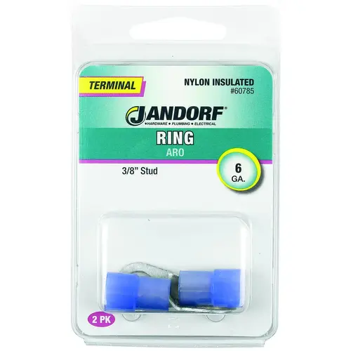 Jandorf 60785 Ring Terminal, 6 AWG Wire, 3/8 in Stud, Nylon Insulation, Copper Contact, Blue
