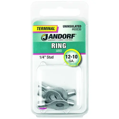 Jandorf 60836 Ring Terminal, 12 to 10 AWG Wire, 1/4 in Stud, Copper Contact - pack of 5