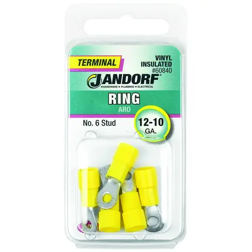 Jandorf 60840 Ring Terminal, 12 to 10 AWG Wire, #6 Stud, Vinyl Insulation, Copper Contact, Yellow - pack of 5