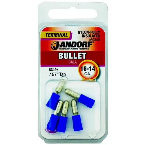 Jandorf 60849 Bullet Terminal, 600 V, 16 to 14 AWG Wire, Nylon Insulation, Copper Contact, Blue - pack of 5