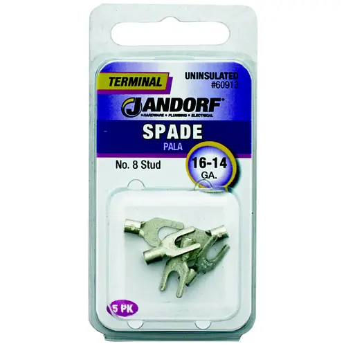 Jandorf 60913 Spade Terminal, 600 V, 16 to 14 AWG Wire, #8 Stud, Copper Contact