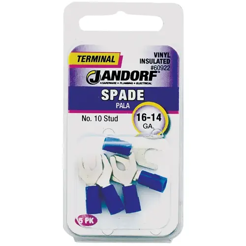 Jandorf 60922 Spade Terminal, 600 V, 16 to 14 AWG Wire, #10 Stud, Vinyl Insulation, Copper Contact, Blue