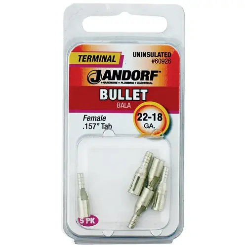 Jandorf 60926 Bullet Terminal, 600 V, 22 to 18 AWG Wire, Copper Contact