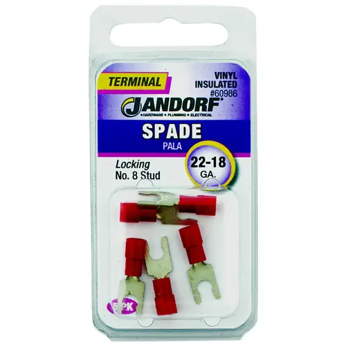 Jandorf 60986 Spade Terminal, 600 V, 22 to 18 AWG Wire, #8 Stud, Vinyl Insulation, Copper Contact, Red