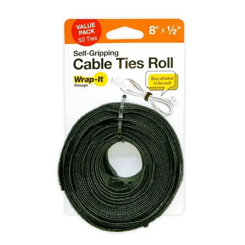 Wrap-It 450-CTR-8BL Self-Gripping Cable Ties, Reusable, Multi Color, 1/2 x 8 In   pack of 50 Black