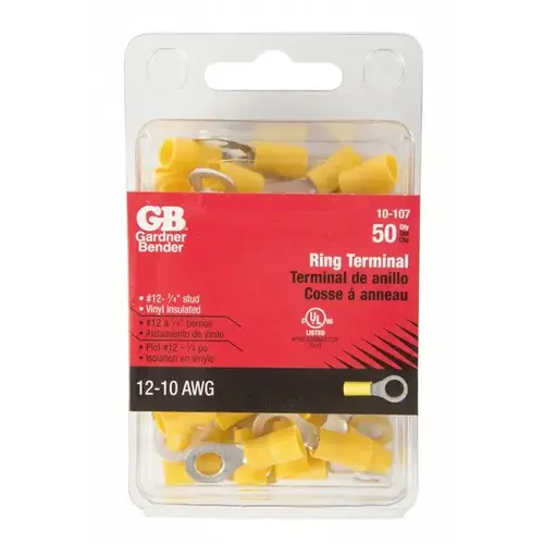 GB 10-107 Ring Terminal, 600 V, 12 to 10 AWG Wire, 12 to 1/4 in Stud, Vinyl Insulation, Copper Contact, Yellow - pack of 50