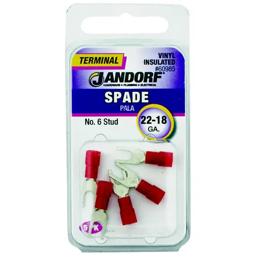 Jandorf 60985 Spade Terminal, 600 V, 22 to 18 AWG Wire, #6 Stud, Vinyl Insulation, Copper Contact, Red