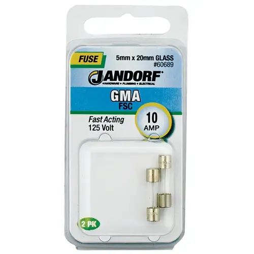 Jandorf 60689 Fast Acting Fuse, 10 A, 125 V, 200 A Interrupt, Glass Body