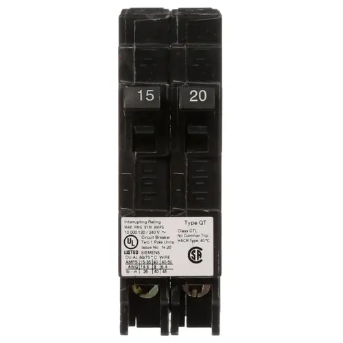 Siemens Q1520 Circuit Breaker, Type QT, 15 to 20 A, 1 -Pole, 120 V, Plug Mounting Black