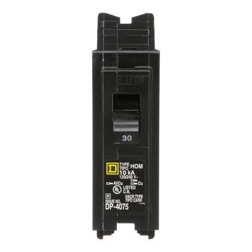 Square D HOM130CP Homeline Circuit Breaker, Mini, 30 A, 1 -Pole, 120 V, Fixed Trip, Plug Mounting, Black