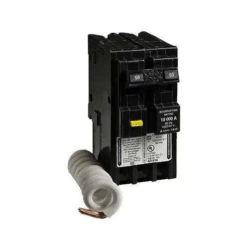Square D HOM250GFICP Homeline Circuit Breaker, GFCI, Mini, 50 A, 2 -Pole, 120/240 V, Fixed Trip, Plug Mounting Black