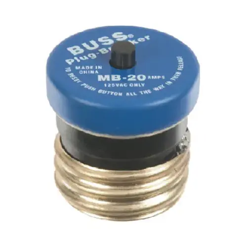 Bussmann BP/MB-20 Plug Fuse, 20 A, 125 V, 10 kA Interrupt, Plastic Body, Manual Reset Fuse